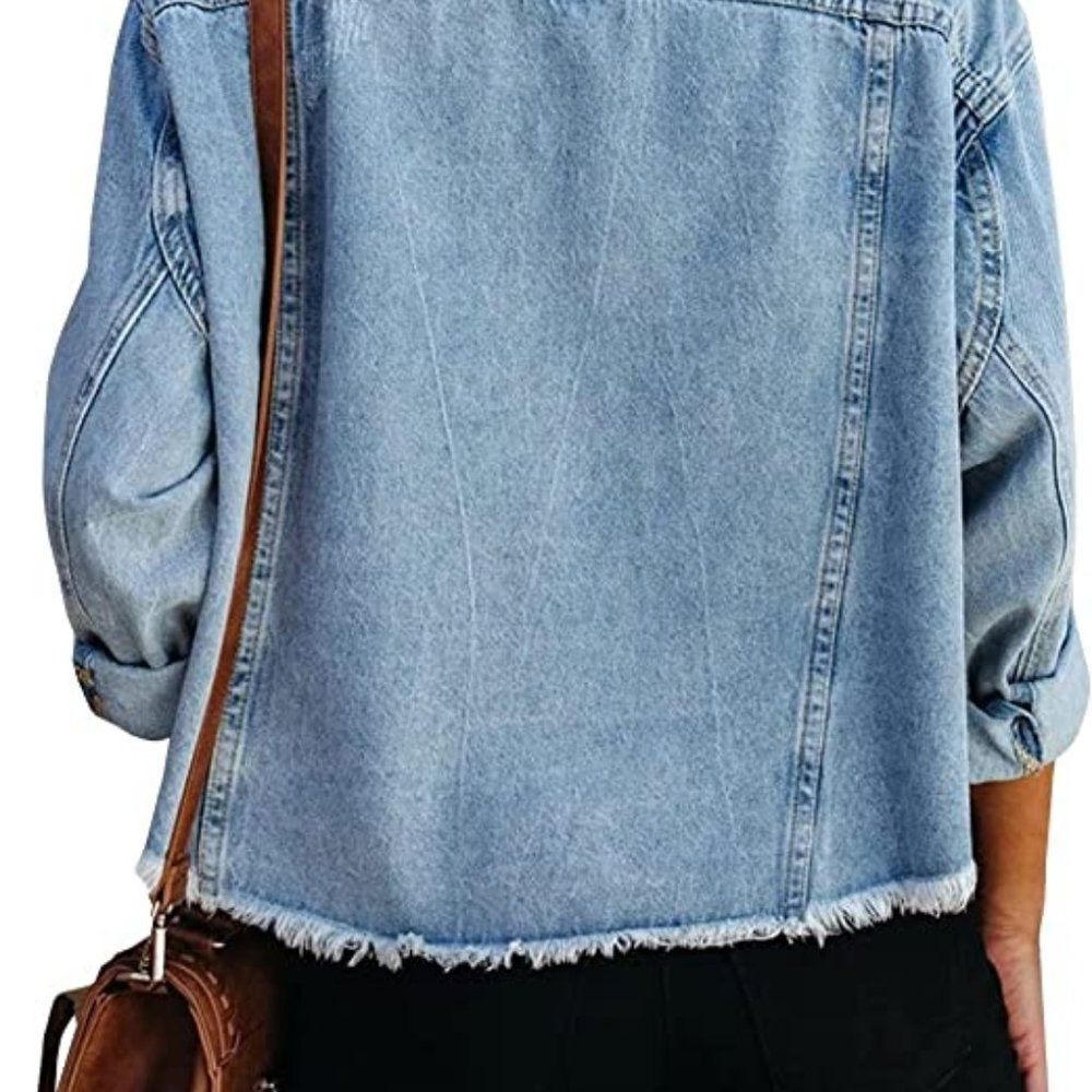 LONGBIDA Women's Jean Jacket Frayed Washed Button Up Cropped Denim Jacket - Picture 4 of 5